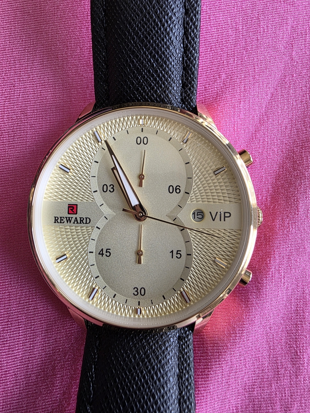 Reward VIP RD83003M Men’s Gold Tone Watch Champagne Dial Black Leather